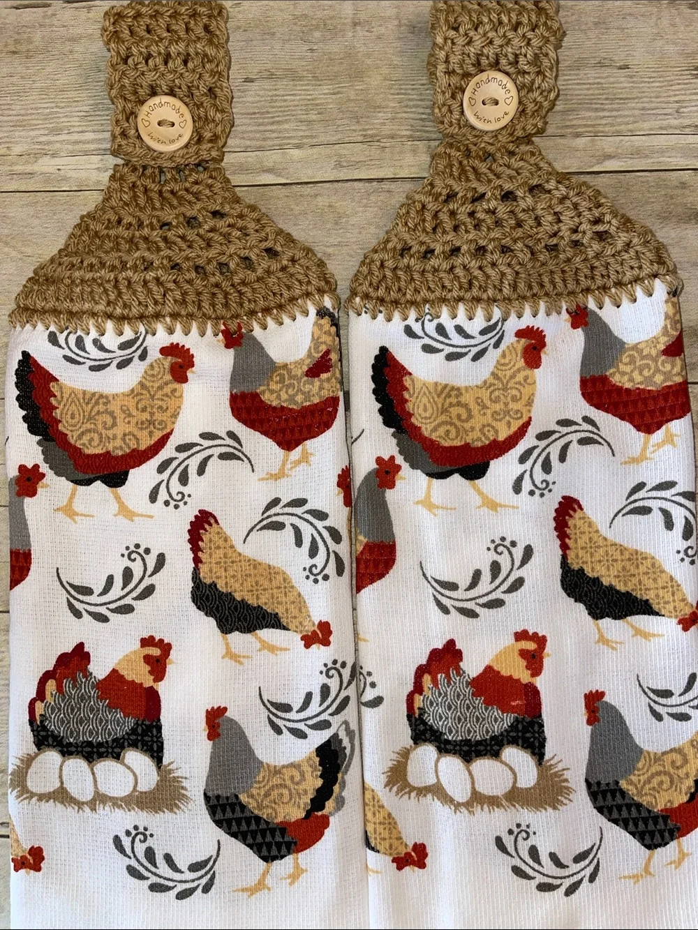 Set of Two Crochet Top Chickens Hanging Towels Double Thickness